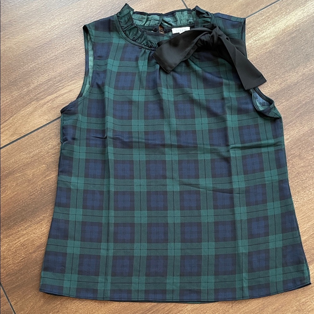 J. Crew Green and Blue Plaid Blouse with Black Bow, XS